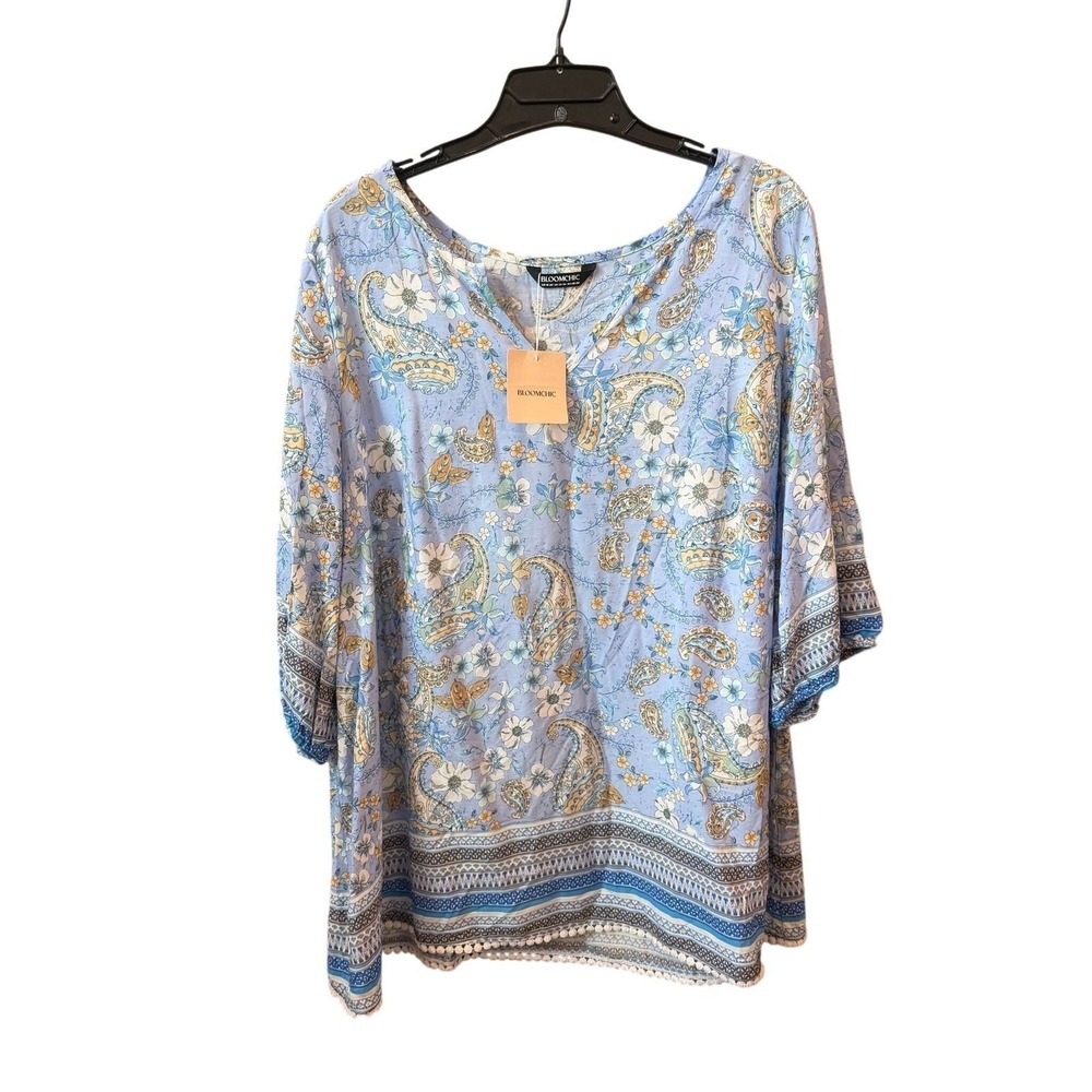 BloomChic Blouse Womens Blue Paisley Floral Pom Pom Trim Boho Top 18-20